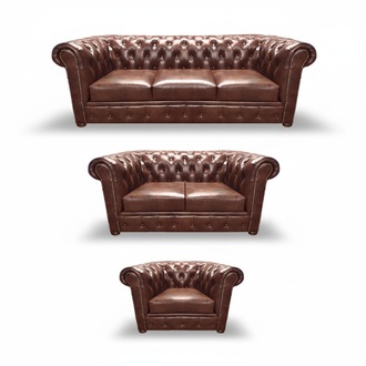 Chestefield Sofa Set Couch Leder Designer Leder Sitz Polster Braun 3tlg Neu