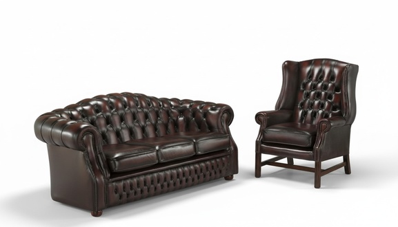 Chesterfield 3-Sitzer + Ohrensessel Sofagarnitur Sofa Couch Sofas Ledersofa