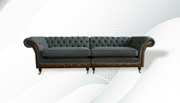 Chesterfield 4 Sitzer Grau xxl big Stoff Wohnzimmer Design Couchen Polster