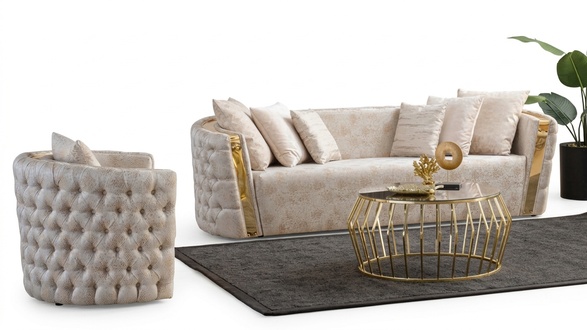 Chesterfield Beige Wohzimmer Sofas Edelstahl 3-Sitzer 1-Sitzer