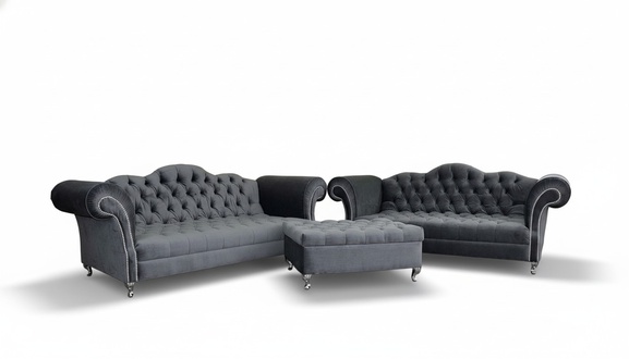 Chesterfield Designer Sofagarnitur 4+3 Hocker Couch Textil Sitz Polster