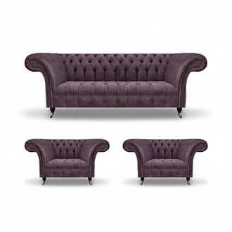 Chesterfield Dunkellila Sofagarnitur Dreisitzer 2x Textil Sessel 3tlg