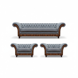 Chesterfield Grau-Braune Sofagarnitur Designer 2x Sessel Edler Dreisitzer