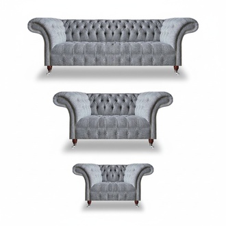 Chesterfield Grau Sofas Komplett 3tlg Sessel Design Möbel Sofagarnitur