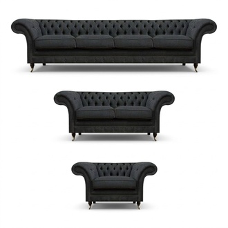 Chesterfield Graue Posltergarnitur Wohnzimmer Sitzmöbel Lehnsessel Sofas