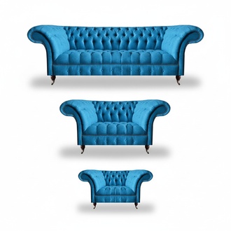 Chesterfield Hellblaue Designer Sitzmöbel Edler 3-Sitzer Zweisitzer 3tlg