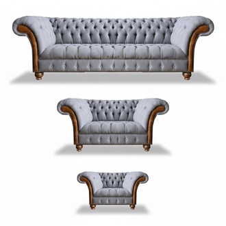 Chesterfield Hellgraue Polster Sofagarnitur Textil Designer 3tlg Set