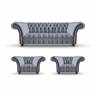 Chesterfield Hellgraue Sofagarnitur Edler Polster Dreisitzer 2x Sessel