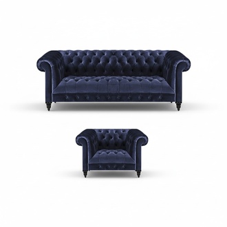 Chesterfield Komplett Sessel Blau Sofa Dreisitze Couch Wohnzimmer Neu