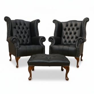 Chesterfield Ohrensessel 2x + Hocker Leder Sofa Set Garnitur Polster Couch