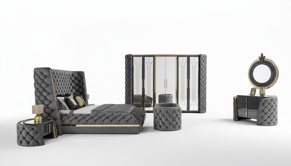 Chesterfield Schlafzimmer Set Bett 2x Nachttische Schminktisch Schrank 5tlg