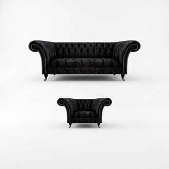 Chesterfield Schwarze Polstermöbel Designer Wohnzimmer Couch Sessel 2tlg