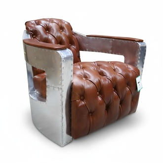 Chesterfield Sessel Knopf Geschlossen Sitzen Shabby Vintage Tan Echtes Leder Neu
