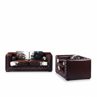 Chesterfield Sofagarnitur Couch Set 2 tlg Leder mit Ponyfell Garnituren