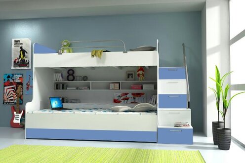 Doppelstockbett Stockbett Bett Doppelbett Etagenbett Betten B003 RAJ2 3-Teilig Blau/Weiss