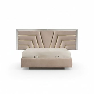 Beiges Schlafzimmer Doppelbett Stabiles Holzgestell Designer Polster Bett