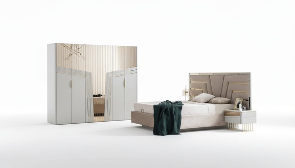 Moderner Schlafzimmer Set Designer Bett 2x Nachttische Kleiderschrank