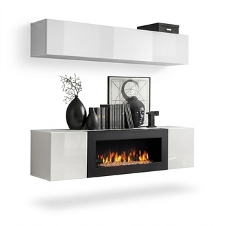Wohnwand Hänge Sideboard Schrank 2tlg mit Kamin Schränke Schwarz Hochglanz