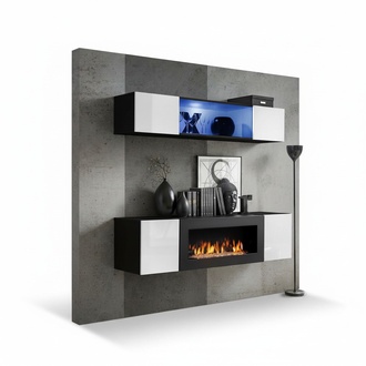 Hänge Sideboard Wohnzimmer Hochglanz mit Kamin Möbel Wandschrank Schrank 2 tlg.