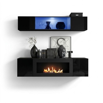 Garnitur 2tlg Hänge Sideboard mit Kamin Schrank Komplett Wohnzimmer Hochglanz