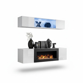 Weiß Wohnwand Luxus Hänge Sideboard Schrank 2tlg mit Kamin Wohnzimmer Möbel