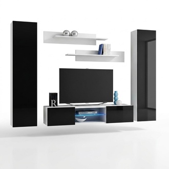 Designer Wohnzimmer Luxus Wohnwand Hänge Sideboard mit Kamin Modern Design