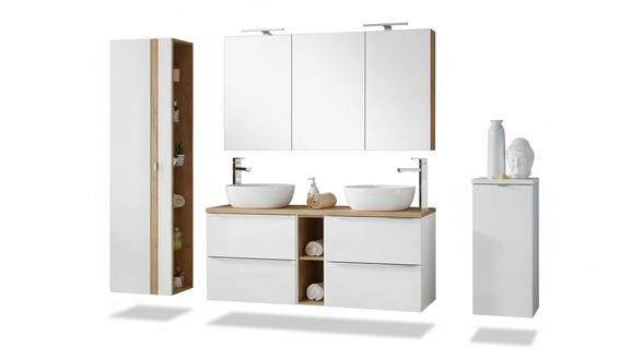 Design Badezimmer Möbel Bad 8 tlg. Set Garnitur Schrank Waschbecken Beleuchtung