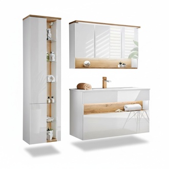 Design Badezimmer Möbel Bad 3 tlg. Set Garnitur Schrank Waschbecken Beleuchtung