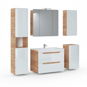 Design Badezimmer Möbel Bad 5tlg. Set Garnitur Schrank Beleuchtung Waschbecken