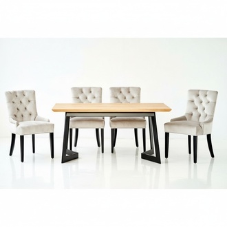 Design Esszimmer Tisch + 4 Chesterfield Lehnstühle Sitz Gruppe Stühle Holz
