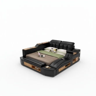 Design Leder Betten Hotel Doppel Multifunktions Bett Bluetooth Boxen Luxus Neu