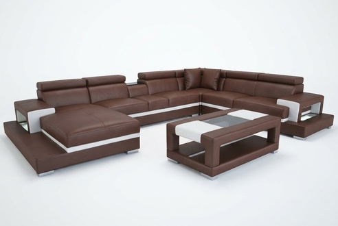 Design Leder Polster Sitz Zimmer Wohn Sofa Eck Couch Designer Garnitur +Tisch