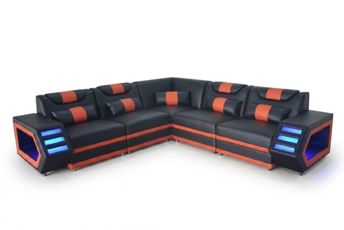 Design Leder Polster Sitz Ecke Couch Polster Eck Landschaft Wohn Sofa USB LED