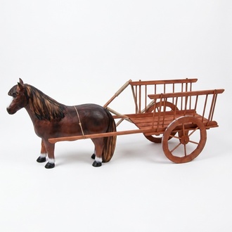 Design Pferd mit Wagen Figur Garten Statue Skulptur Figuren Skulpturen