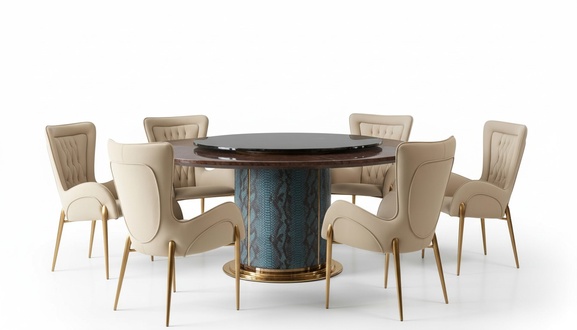 Design Rund Tisch 6x Sessel Stühle Ess Zimmer Sitz Polster Garnitur Runde Tische