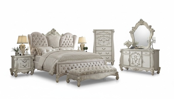 Design Schlafzimmer 6tlg. Bett 2x Nachttisch Hocker Kommode Spiegel Set Möbel