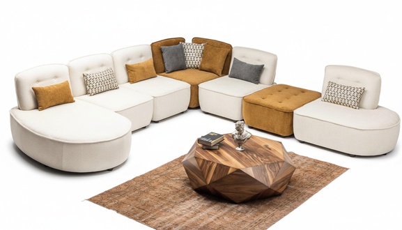 Design Wohnzimmer L-Form Ecksofa in Beige aus Edlem Textil Wohnlandschaft