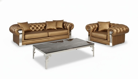 Designer Chesterfield Sofagarnitur 3+1 Couch Polster Gold Sofa Garnitur