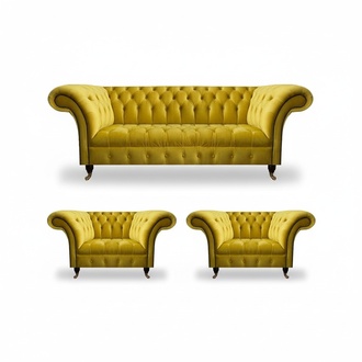 Designer Gelbe Chesterfield Polstergarnitur Komplettes Textil 3tlg Set