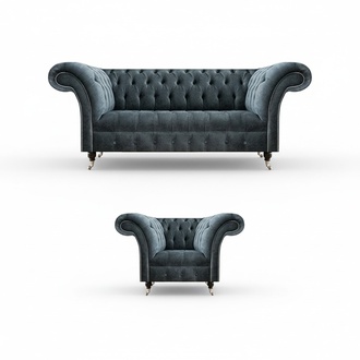 Designer Graues Chesterfield Sitzset Moderner Einsitzer Dreisitzer 2tlg