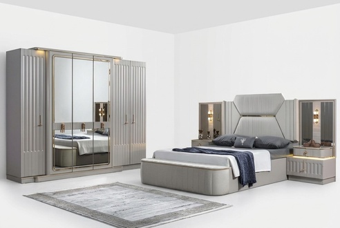 Designer Möbel 4tlg. Schlafzimmer Set Bett 2x Nachttisch Kleiderschrank