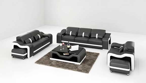 Designer Möbel Ledersofa 6tlg Sofagarnitur Polster Couchen Set Hocker Couchtisch