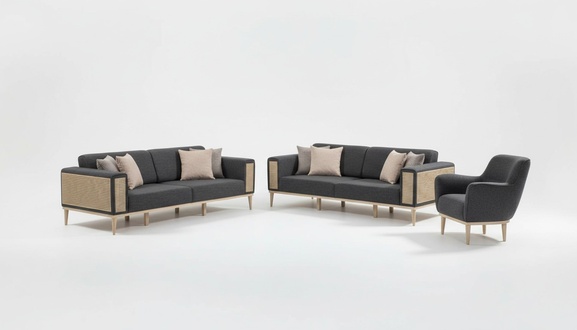 Designer Schwraze Sofagarnitur Luxus Wohnzimmer Couchen Holzgestell Set