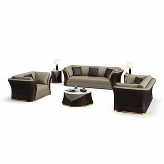 Designer Sofa Couch Polster Garnitur 6tlg. Set Leder Garnituren Couchtisch Tisch