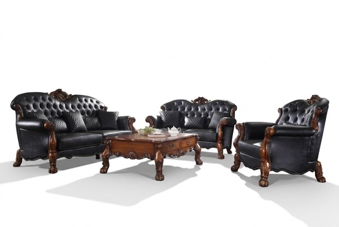 Designer Sofagarnitur 3+2+1 Sitzer Sofa Couch Leder Garnitur Polster Set Holz