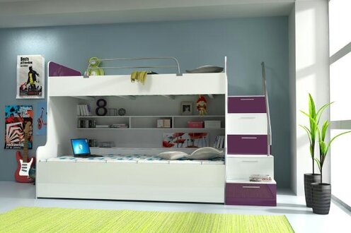 Doppelstockbett Stockbett Bett Doppelbett Etagenbett Betten B003 RAJ2 3-Teilig Violett/ Weiß