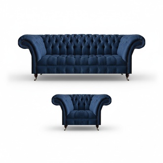 Dunkelblaue Wohnzimmer 3-Sitzer Couch Designer Lehnsessel Edler 2tlg Set