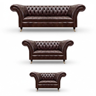 Dunkelbraune Chesterfield Couchgarnitur Ledersofas Designer Sessel 3tlg