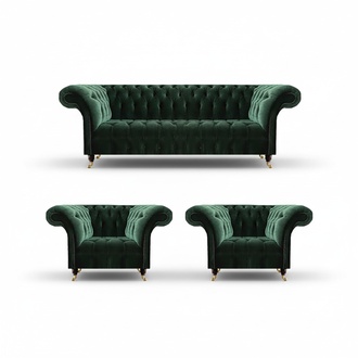 Dunkelgrüne Chesterfield Sessel Wohnzimmer Dreisitzer Luxus Couch 3tlg