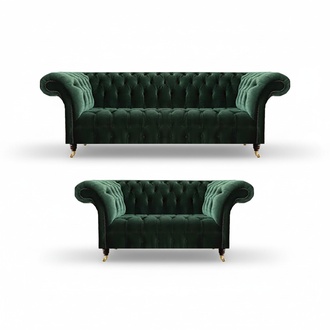 Dunkelgrüne Chesterfield Sofas Moderner Dreisitzer Polster Couch 2tlg
